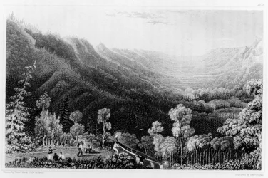 1828年に出版されたエドワードフィンデンによって彫刻された「北極海の海岸への2番目の遠征の物語」からのカナダ、クリアウォーター川のポーテージからの眺め